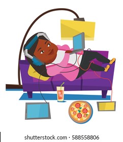 Fat woman relaxing on a sofa with gadgets. Woman lying on a sofa surrounded by gadgets and fast food. Plump woman using gadgets at home. Vector flat design illustration isolated on white background.