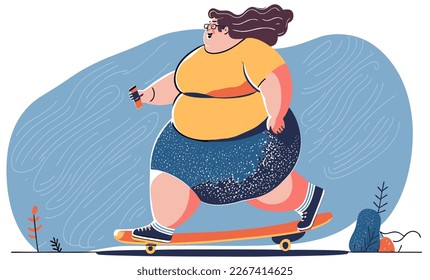 fat woman rides a skateboard on the road