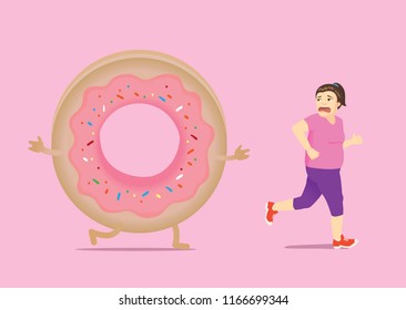 Fat woman run away from donut for lose weight. Concept illustration about diet.