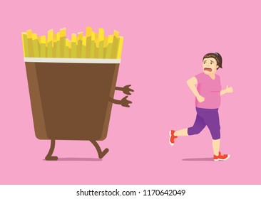 Fat woman run away from soft drink because she is on a diet. Concept illustration about lose weight.
