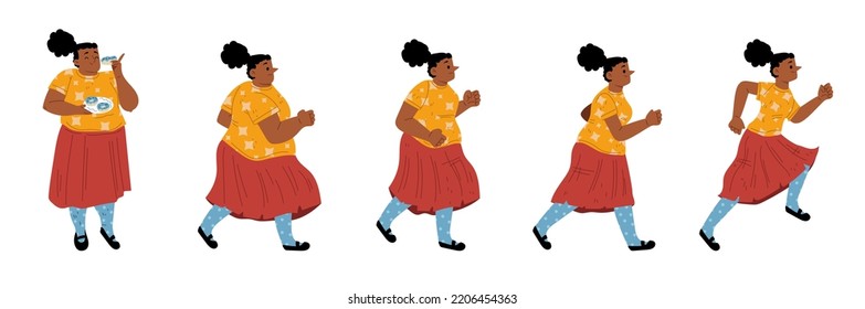 Fat Woman Run, Obese Person Weight Loss Concept. Chubby Female Character Running Transformation Stage By Stage. Curve Glutton Woman Turning Into Healthy And Fit Cartoon Linear Flat Vector Illustration