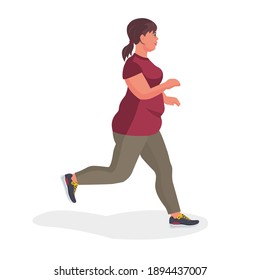 The fat woman is running. Goes in for sports and fitness for weight loss. Vector illustration.