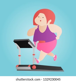 Fat woman running on the treadmill, cartoon vector illustration isolated on white background. Obese, fat, chubby woman trying to get fit by walking on the treadmill, cardio exercises