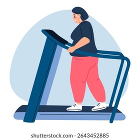 Fat woman running on treadmill tired from her workout. Overweight girl slimming. Sport training in gym. Workout exercise. Obese person in sportswear. Belly waist. Suffer from adiposity. Vector concept