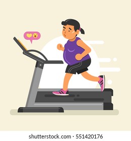 Fat Woman Running On A Treadmill. Vector Illustration