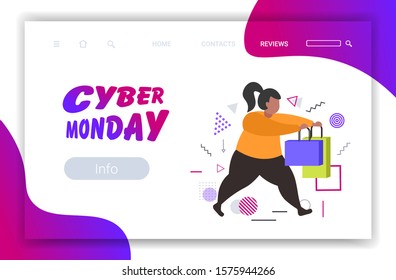 fat woman running with shopping bags cyber monday big sale concept christmas new year holidays discount overweight female shopper with purchases full length horizontal vector illustration