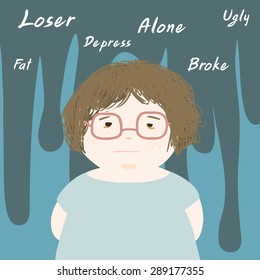 fat woman sad and thinks negative vector illustration