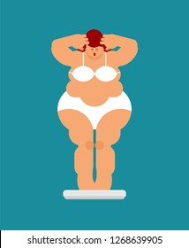 Fat woman and scales. Weight loss and diet