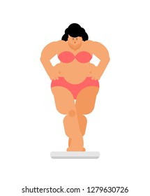 Fat woman and scales. Weight loss and diet