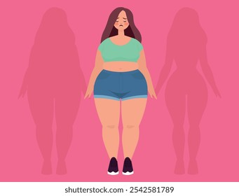 Fat woman, with shadow before and after, thin and fat shadow behind.