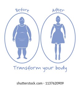 Fat woman and shapely woman. Transform your body. Sport and proper nutrition with excess weight and obesity.
