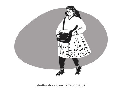 Fat woman with shopping crossbody bag. Body positive plus size cheerful female. Cartoon Character. Grayscale vector illustration.