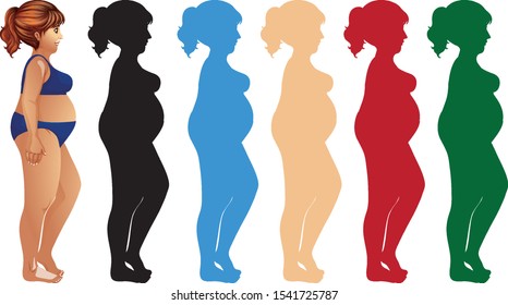 Fat woman and silhouette in different color illustration