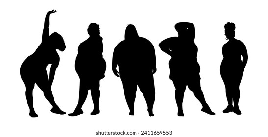 fat woman silhouette. fat woman shape. fat belly. black isolated white background.pose.vector