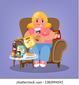 Fat Woman Sitting In The Armchair And Eating Fast Food. Overweight Girl Holding Burger And Drink Soda. Unhealthy Lifestyle. Vector Illustration In Cartoon Style