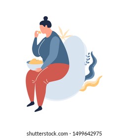 Fat woman sitting in the armchair and eating food. Overweight girl holding meal. Unhealthy lifestyle. Vector illustration in cartoon style