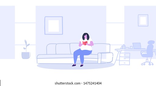 fat woman sitting at couch reading book obese girl relaxing with textbook on sofa education hobby concept modern workplace office interior sketch full length horizontal