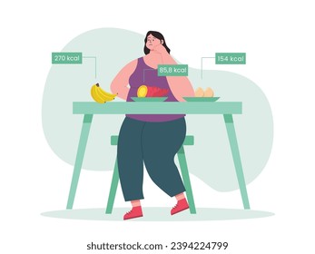 A fat woman is sitting eating a healthy diet of banana, sweet potato and boiled egg, on a weight loss diet. Character design. Vector flat illustration