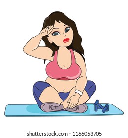 fat woman sitting on the floor got tired cannot continue exercise feeling sick gym dress trouser tops bra sinker illness obesity fatty rug dumbbell