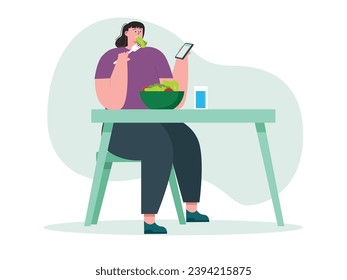 A fat woman is sitting while eating salad and looking at the phone, planning to diet to maintain healthy food and exercise. Character design. Vector flat illustration