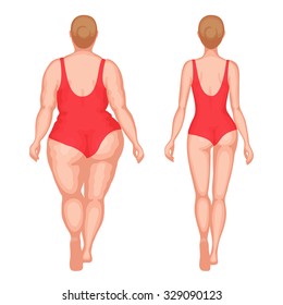 Fat woman and slender woman dressed in red swimsuits. Back view. Overweight and slenderness. Healthy and unhealthy lifestyle