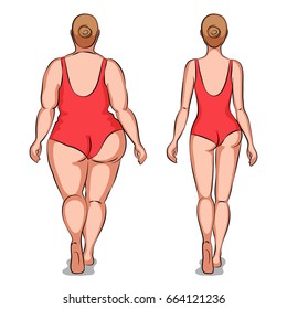 Fat woman and slender woman dressed in swimsuits. Back view. Overweight and slenderness. Healthy and unhealthy lifestyle