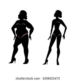 Fat woman and slender woman silhouettes.  Healthy and unhealthy lifestyle