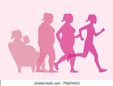 Fat woman stand up from sofa for loss weight with jogging. This illustration about workout concept.