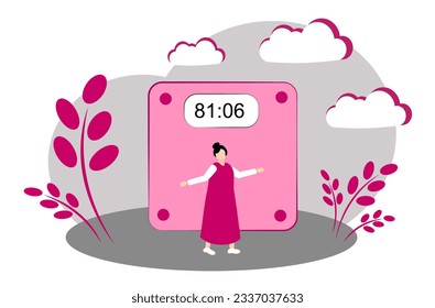 A fat woman is standing near the scales. Weight loss concept. Vector illustration isolated on white background.