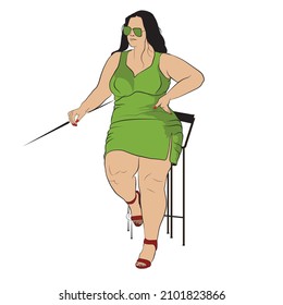 Fat woman standing near table  Vector illustration healthy girl  Beautiful lady wearing green dress