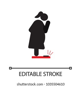 Fat woman standing on floor scales silhouette icon. Obesity, overweight. Weighing. Isolated vector illustration. Editable stroke