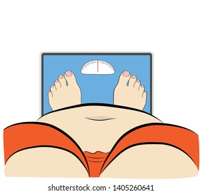 fat woman standing on the scales. vector illustration.