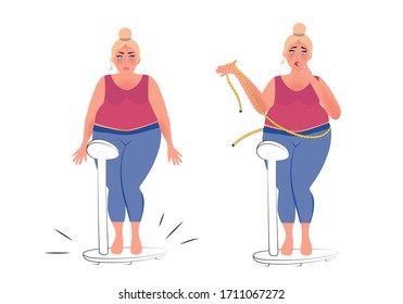 The fat woman was standing on the scales and was terrified. She's very upset. Vector illustration of the problem of obesity