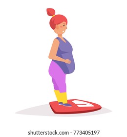 Fat woman standing on scales. Vector. Cartoon. Isolated art on white background. Flat