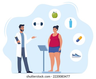 Fat woman standing on weigh scales. Doctor explain about health and how to loose weight, Obese patient, fat control instruction, diabetes patient, control calories, sports. Vector illustration