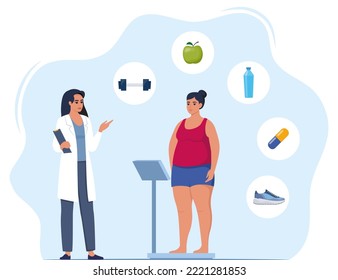 Fat woman standing on weigh scales. Doctor explain about health and how to loose weight, Obese patient, fat control instruction, diabetes patient, control calories, sports. Vector illustration