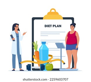 Fat woman standing on weigh scales. Doctor explain about health and how to loose weight. Diet plan checklist. Healthy food and sports. Vector illustration