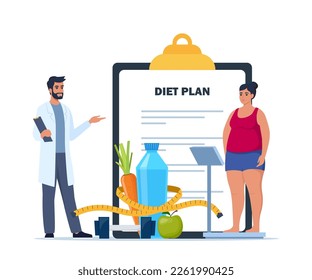 Fat woman standing on weigh scales. Doctor explain about health and how to loose weight. Diet plan checklist. Healthy food and sports. Vector illustration