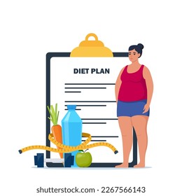 Fat woman standing on weigh scales. Diet plan checklist. Healthy food and sports. Vector illustration