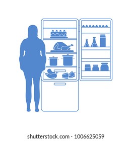 Fat woman stands at the fridge full of food. Harmful eating habits. Design for banner and print.