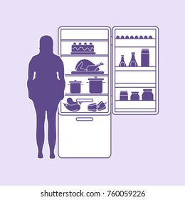 Fat woman stands at the fridge full of food. Harmful eating habits. Design for banner and print.