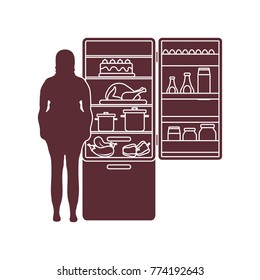 Fat woman stands at the fridge full of food. Harmful eating habits. Design for banner and print.