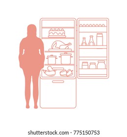 Fat woman stands at the fridge full of food. Harmful eating habits. Design for banner and print.
