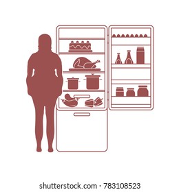 Fat woman stands at the fridge full of food. Harmful eating habits. Design for banner and print.