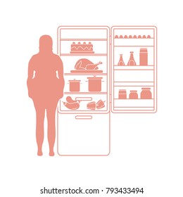 Fat woman stands at the fridge full of food. Harmful eating habits. Design for banner and print.