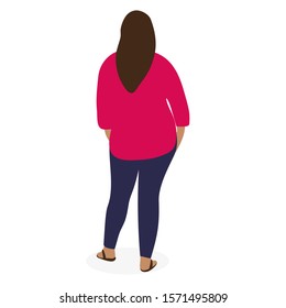 Fat woman stands with her back on a white background