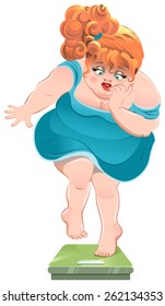Fat woman stares at the scales. Illustration in vector format