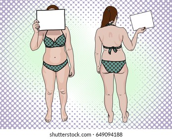 A fat woman in a swimsuit holds a sign pop art retro style. Front view and back. The concept of a healthy lifestyle and unhealthy lifestyle