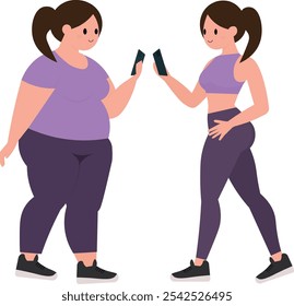 fat woman and thin woman looking at phone, before and after demonstration of weight loss, illustration