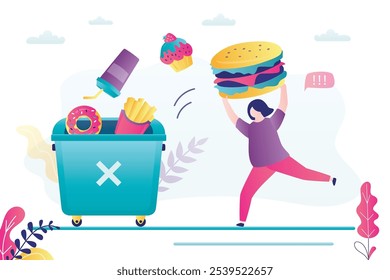 Mujer gorda lanza comida chatarra a la basura. Concepto de alimentación saludable y pérdida de peso. Chica inteligente eligiendo la nutrición adecuada. Rechazo a la comida dulce y chatarra. Ilustración vectorial plana